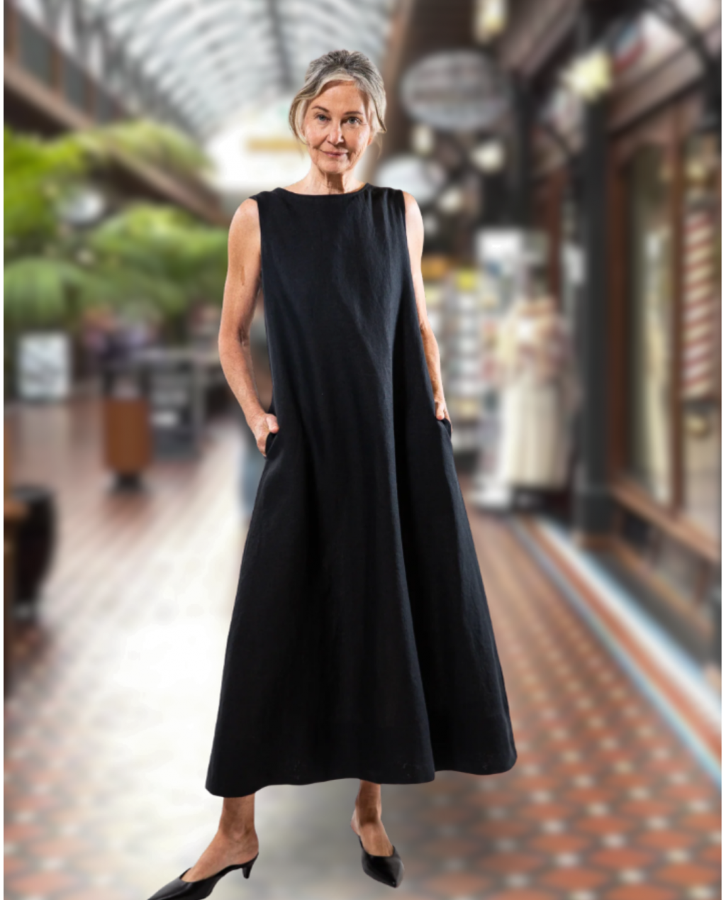 The Albert Dress in a black linen by Eva's Sunday