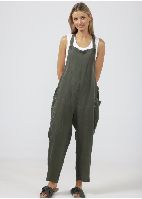 The Shanty Corporation | Colmar Overalls| Thyme | 100% linen