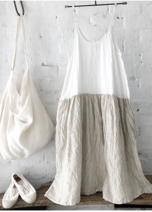 Meg by Design | High Tea Slip Dress | Linen | Natural and White Pin-stripe 