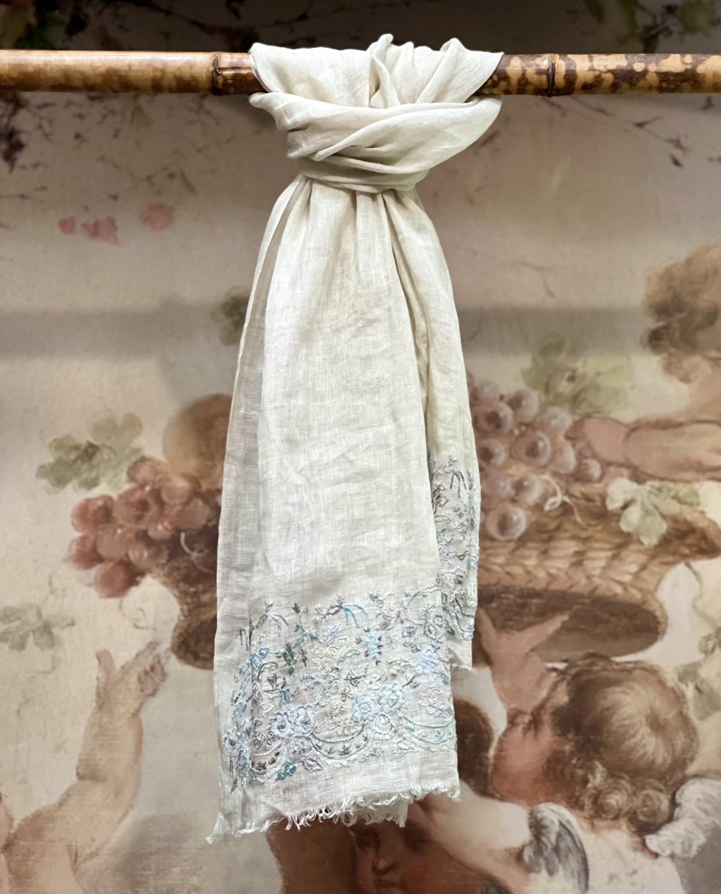 Sophie Digard | Linen Scarf with Floral Embroidery 