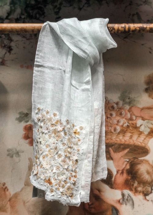 Sophie Digard | Liselotte | Pale Blue Linen Stole with Flower Embellishments 